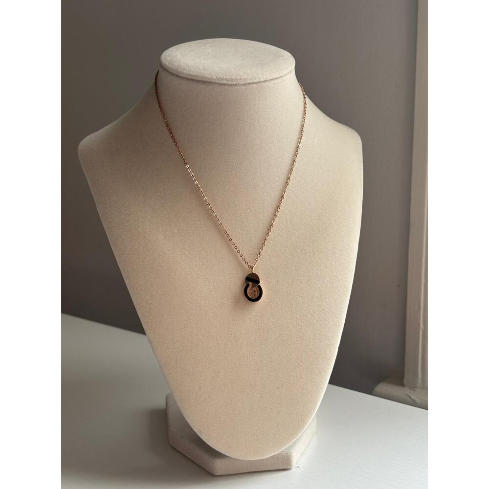 Rose Gold Necklace Round Pendant Minimal Black Detail Stainless Steel - Picture 2 of 9